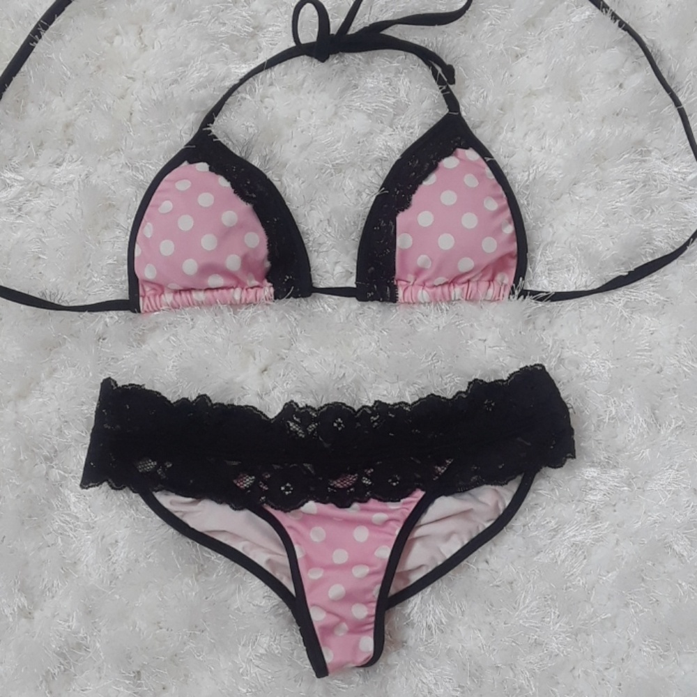 Pink black lace bikini Top Bottom set size small